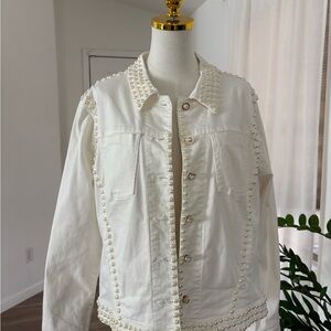Pearl-Embellished White Denim Jacket